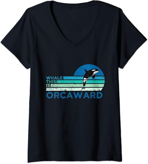 Womens Whale This Is Orcaward Funny Orca Pun Women Girls Kids Whale V-Neck T-Shirt