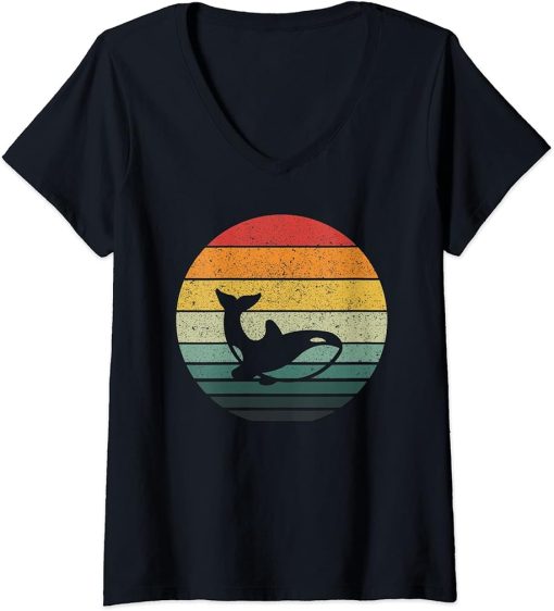 Womens Orca Retro Sunset Vintage Design V-Neck T-Shirt