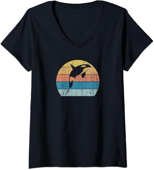 Womens Orca Killer Whale Dolphin Retro Vintage Sunset Orca Whale V-Neck T-Shirt
