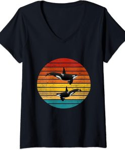 Womens Vintage Retro Family Orca Killer Whales Jumping Alaska V-Neck T-Shirt