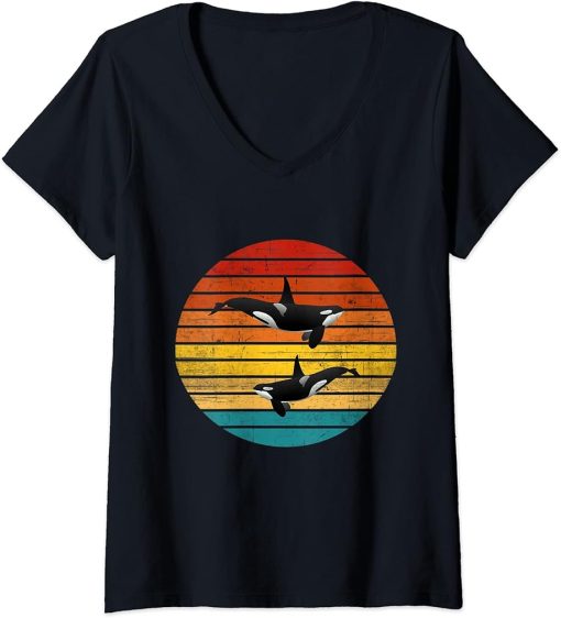 Womens Vintage Retro Family Orca Killer Whales Jumping Alaska V-Neck T-Shirt