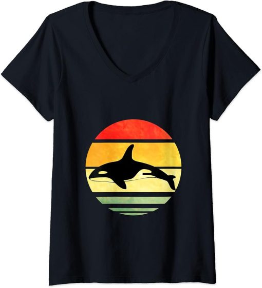 Womens Orca Lovers Design Retro Gifts of Dolphins in 80s Style V-Neck T-Shirt