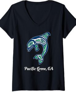 Womens Green Native American Pacific Grove CA Orca Killer Whale V-Neck T-Shirt