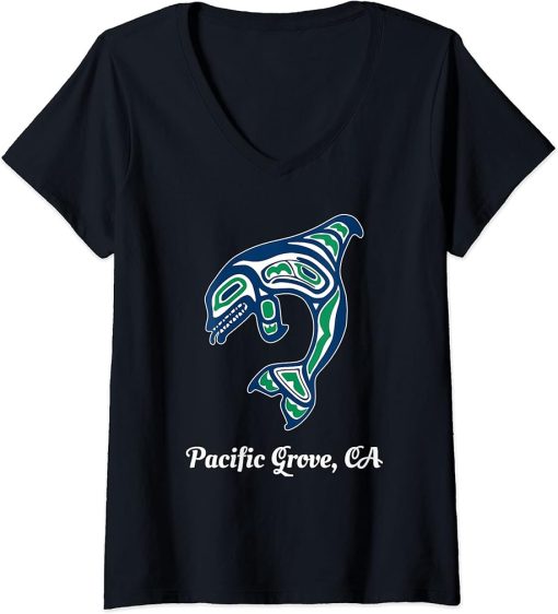 Womens Green Native American Pacific Grove CA Orca Killer Whale V-Neck T-Shirt