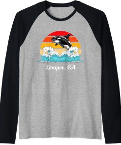 Vintage Lompoc CA Distressed Orca Killer Whale Art Raglan Baseball Tee