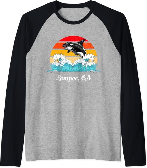 Vintage Lompoc CA Distressed Orca Killer Whale Art Raglan Baseball Tee